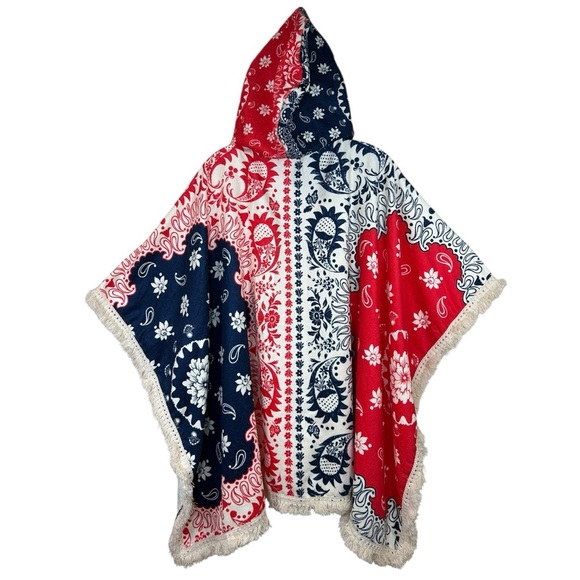 Agua Bendita, Women’s ‘Delailah’ Towel Poncho Cover-Up Paisley Blue/Red One Size - Picture 7 of 17